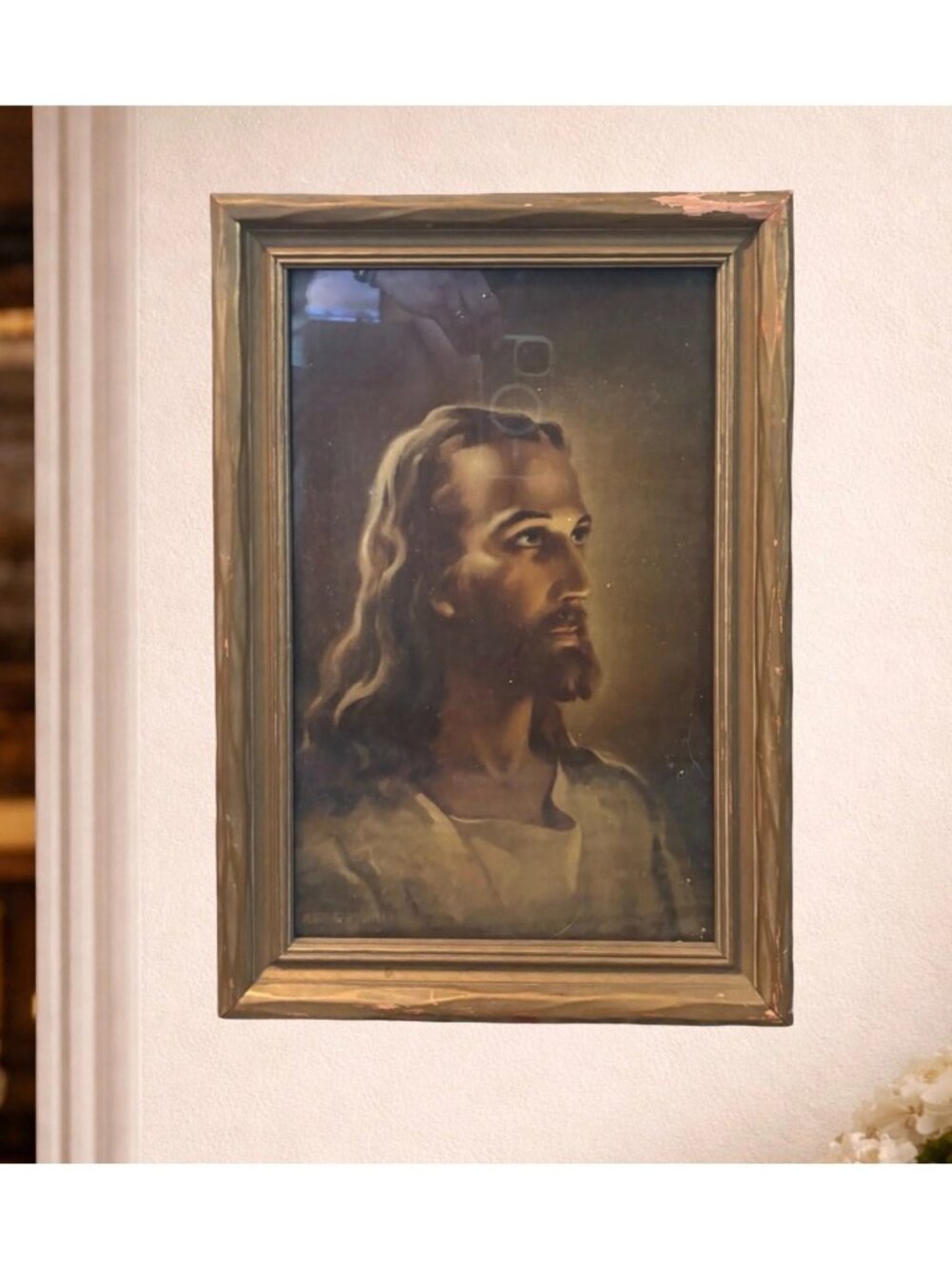 1941 Framed Jesus Portrait Print by Kriebel & Bates | Vintage Christian Wall Art - Picture 2 of 7
